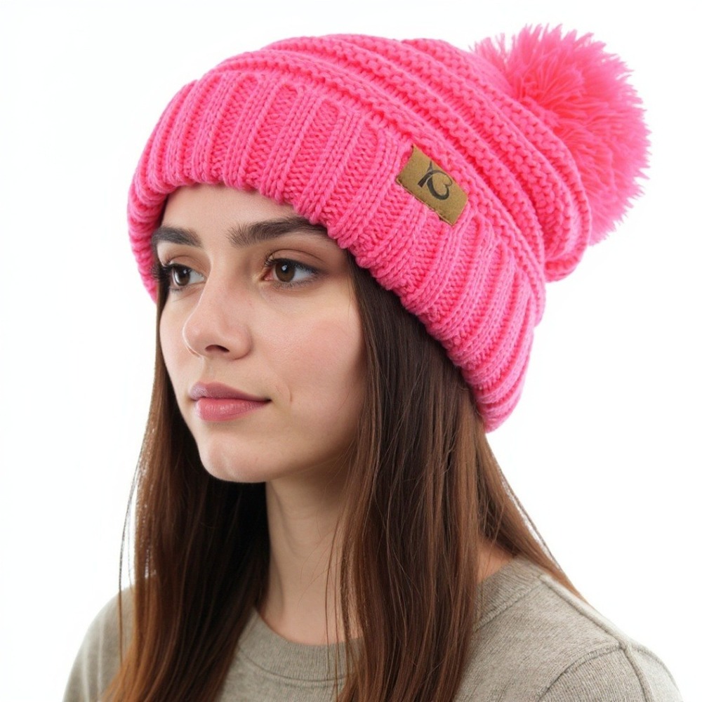 KBETHOS Maroon Pink Chunky Pom-Pom Cable Knit Ribbed Beanie NWT